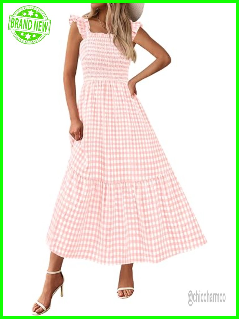 Womens Square Neck Ruffle Strap Gingham Smocked Midi Flowy A Line Dress